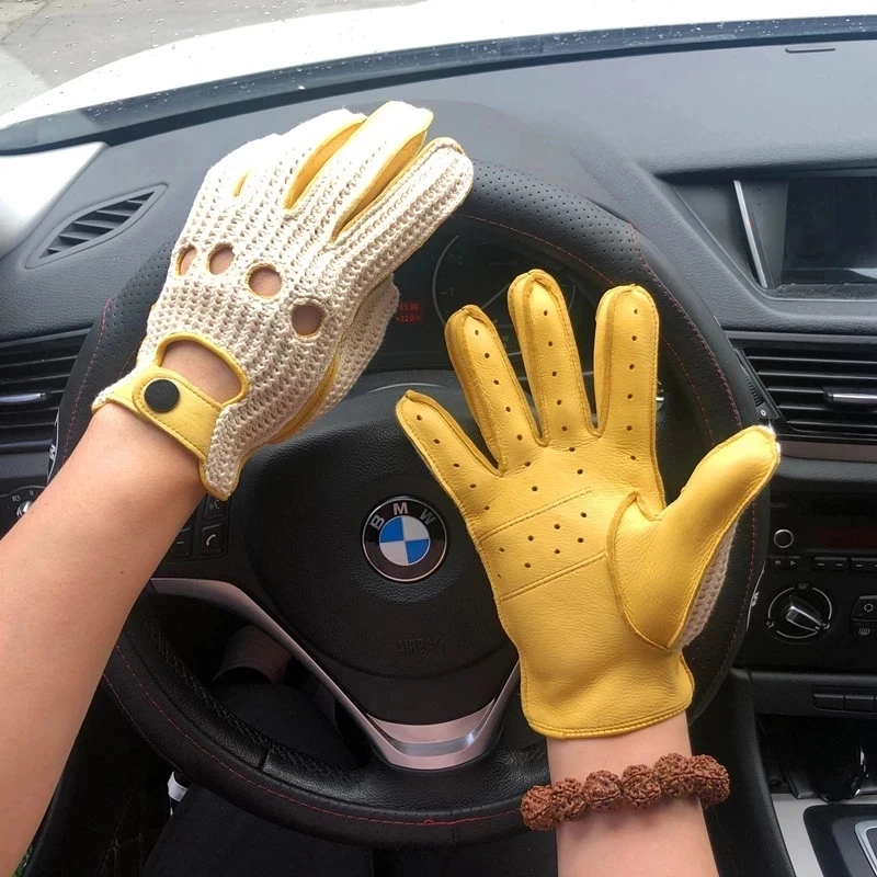 2022 New Autumn Fashion Men's Wool Knitted Deerskin Gloves Locomotive mitten Car Driving Genuine Leather Motorcycle Gloves