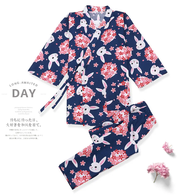 Japanese Tradition Style Cute Sakura Rabbit Print Pajamas Pants Set Woman Sleep & Lounge Kimono Yukata Bathrobe Sweat Steam Wear