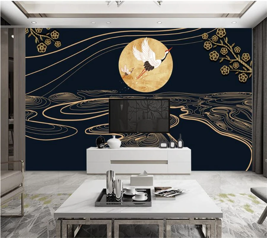 beibehang Custom large murals, light luxury embossed lines, mountains, water, cranes, national tide background wallpaper