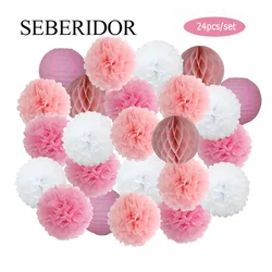 Baby Boy Girl 1st Birthday Party Favor Pink White Set Round Paper Ball Lantern Folding Baptism Wedding Decor Honeycomb Pompom
