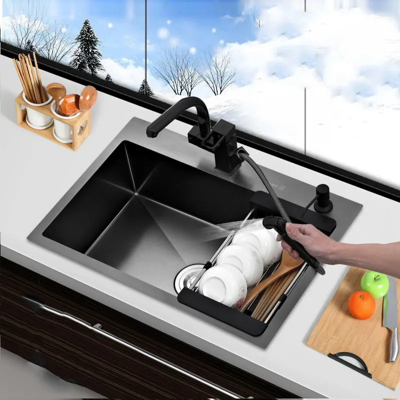 

45x40 Kitchen Sink Above Counter Or Udermount Vegetable Washing Basin Sink Kitchen Black Stainless Steel Seamless Welding Pia