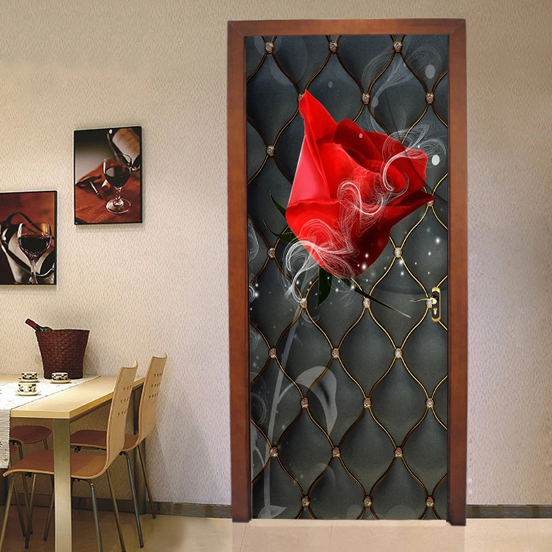 PVC Self-Adhesive Waterproof Wallpaper 3D Rose Black Soft Roll Door Sticker Living Room Bedroom Home Door Poster Creative Decals