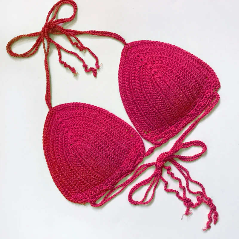 Pink Bikini Top 2024 Summer Sexy Swimwear Women Handmade Knitted Swimsuit Crochet Padded Bra Push Up Ladies Beachwear Swim Suit