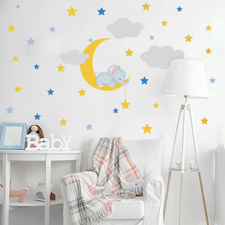 Cartoon Baby Elefant Mond Stern Wandaufkleber für Kinderzimmer Schlafzimmer Hintergrund Dekoration Wohnzimmer Dekoration Schöner Aufkleber – Detail 4