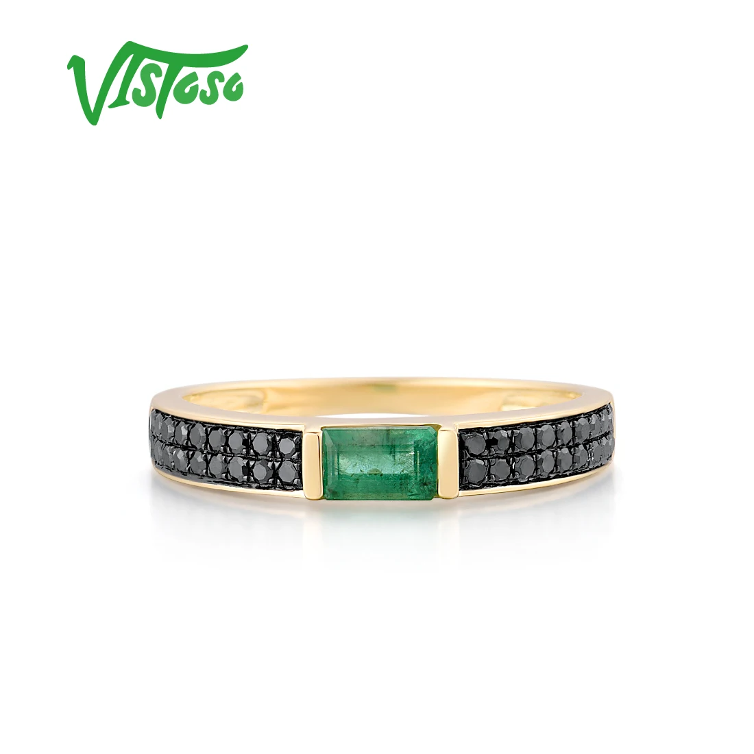 VISTOSO Gold Rings For Women Genuine 14K 585 Yellow Gold Ring Octagon Emerald Black Diamond Engagement Anniversary Fine Jewelry