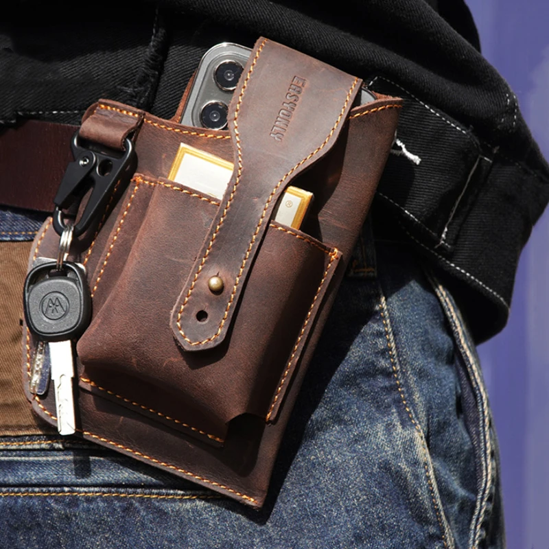 Cowhide Leather Cigarette Case with Keychain Portable Waist Bag Multifunctional Outdoor Sport Pocket Storage Mobile Phone Bag