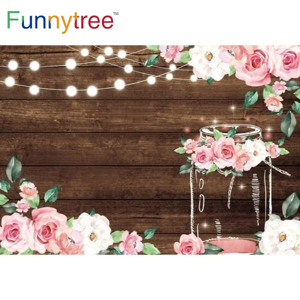 Funnytree Wood Spring Wedding Lights Banner Background Flowers Romantic Wishing Bottle Photography Props Photo Shoot Backdrop