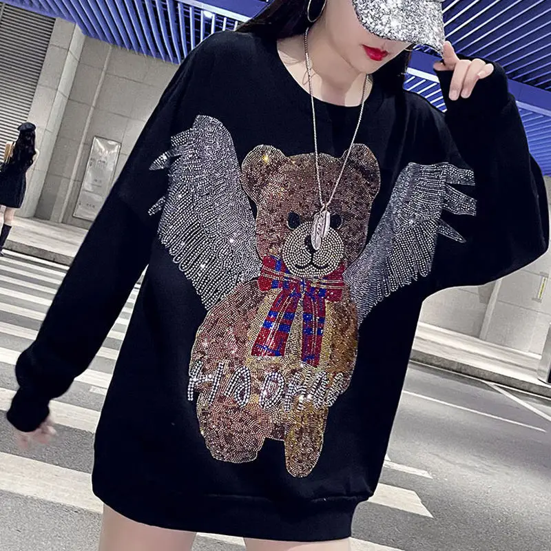 Harajuku Oversized Size 4XL Hot Diamond Bear Plus Size Fleece Pullover Sweater Women 150 Kg Loose Padded Top Coat