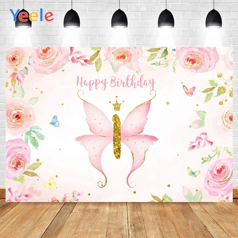 Yeele Happy Birthday Pink Flowers And Butterfly Golden Spot Background Photophone Photography Backdrop for Decor Customized Size