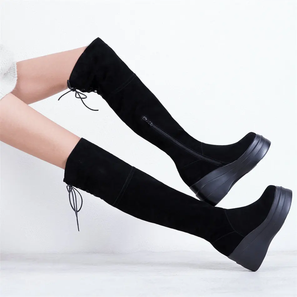 Winter Thigh High Sneakers Women Genuine Leather Wedges High Heel Over The Knee High Boots Female Chunky Platform Pumps Shoes