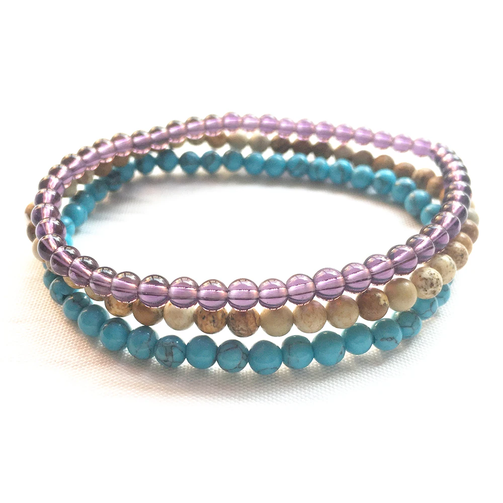 

MG0129 Wholesale Natural 4 MM Picture Purple Crystals Bracelet Blue Turquoise Bracelet Set Womens Mini Gemstone Yoga Jewelry