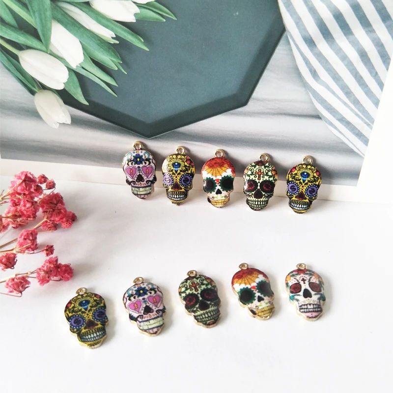 10pcs Colorful Skull Halloween Metal Charms For Jewelry Making Earrings Accessories Calavera Whimsical Relief Skull Pendants