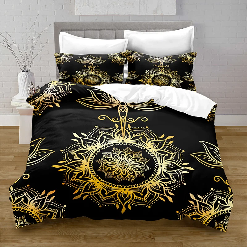 Home Textiles Printe Black Gold Bedding Quilt Cover & Pillowcase 2/3PCS US/AE/UE Full Size Queen Bedding Set