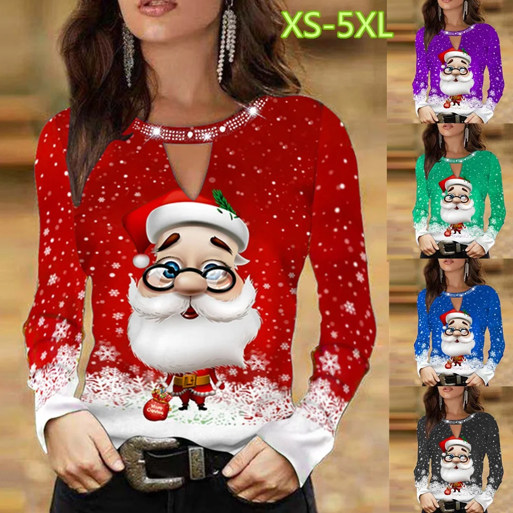 Kupokasi 2022 New Fashion Women Christmas Clothes Santa Claus Printed Long Sleeve Casual Plus Size Top Loose Soft T-shirt XS-5XL