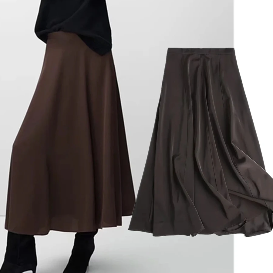 

Jenny&Dave England Style Fashion Skirts Womens Simple Midi Elegant High Waist Satin Faldas Mujer Moda A-line Long Skirt Women