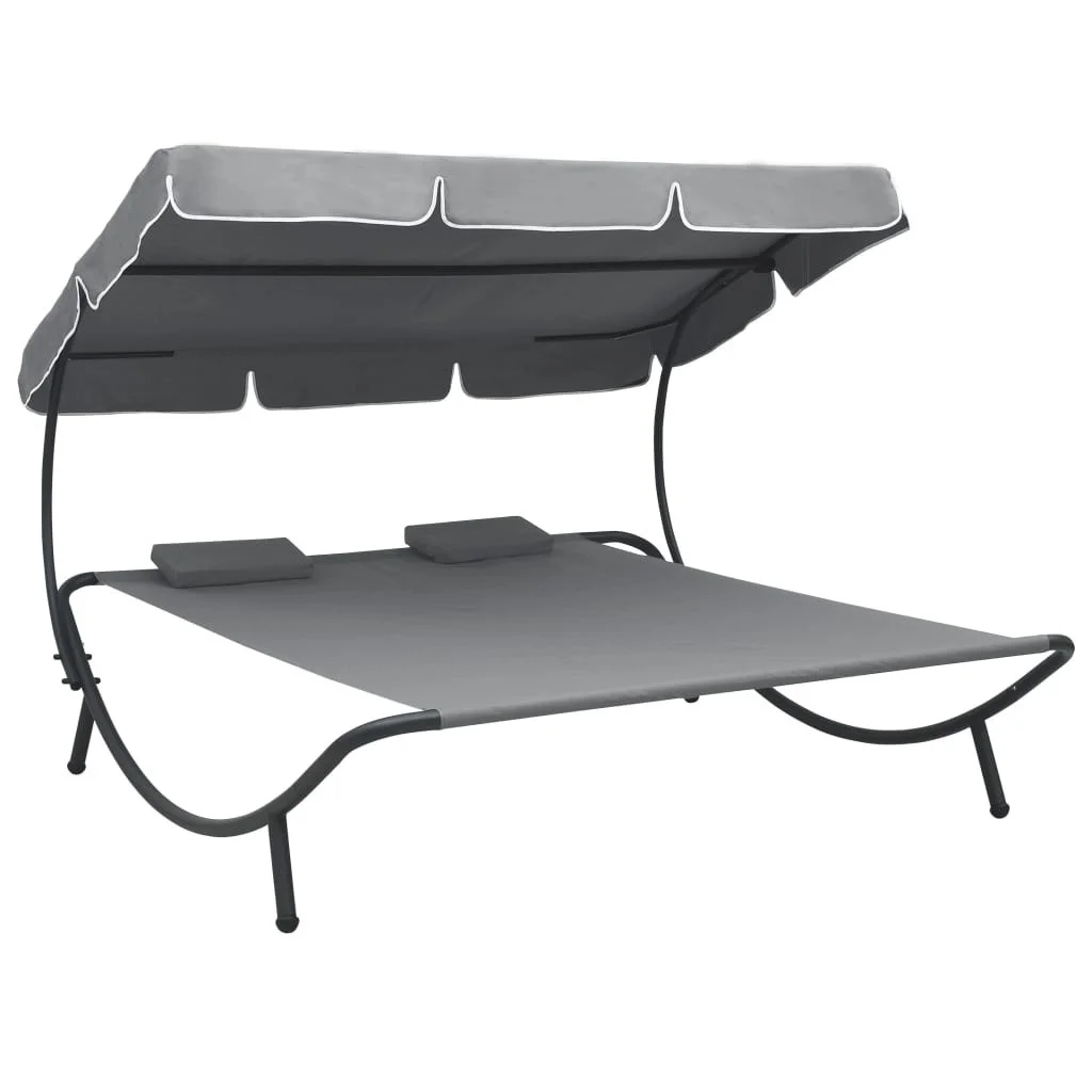 Outdoor Portable Double Chaise Lounge Bed Sun Bed with Adjustable Canopy and Headrest Pillows Gray/Brown/White[US-Depot]