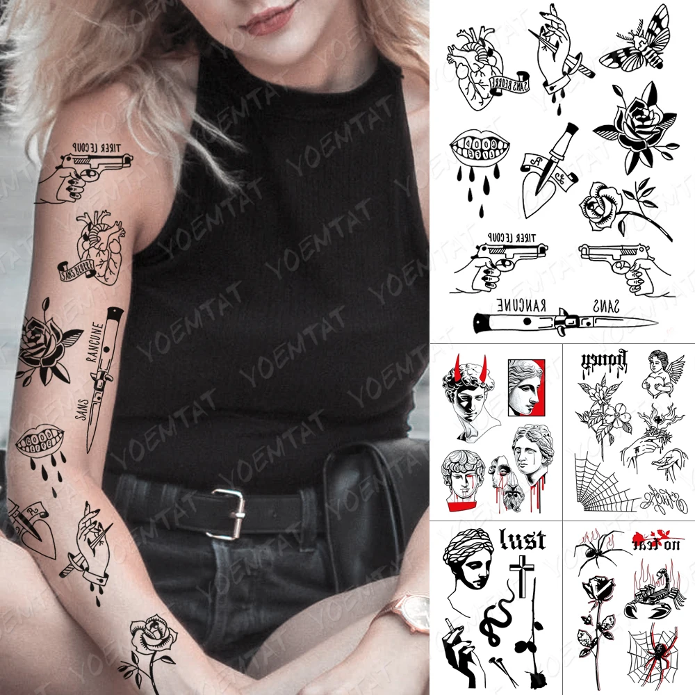 Waterproof Temporary Tattoo Sticker Heart Knife Gun Angel Old School Flash Tattoos Spider Lips Body Art Arm Fake Tatoo Women Men