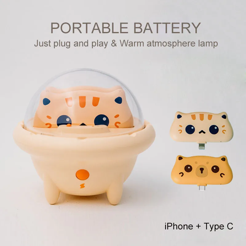 800mAh Mini 2 In 1 Power Bank Cute Cat Portable Powerbank With LED Night Light Small Externall USB-C Phone Charger for iphone