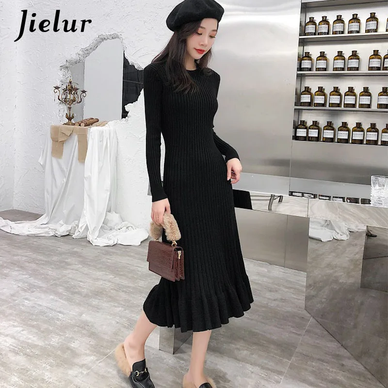 

Jielur Winter O-Neck Knitted Dress Basic Solid Color Ruffles Dress For Women Elegant Slim Korean Style OL Robe Femme Hiver 2021