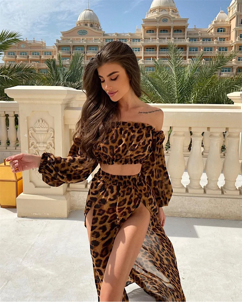 Womens Sexy Beach Overskirt Set Vacation Women Temperament Leopard Print Strapless Puff Sleeve Crop Top + Split Skirt Summer