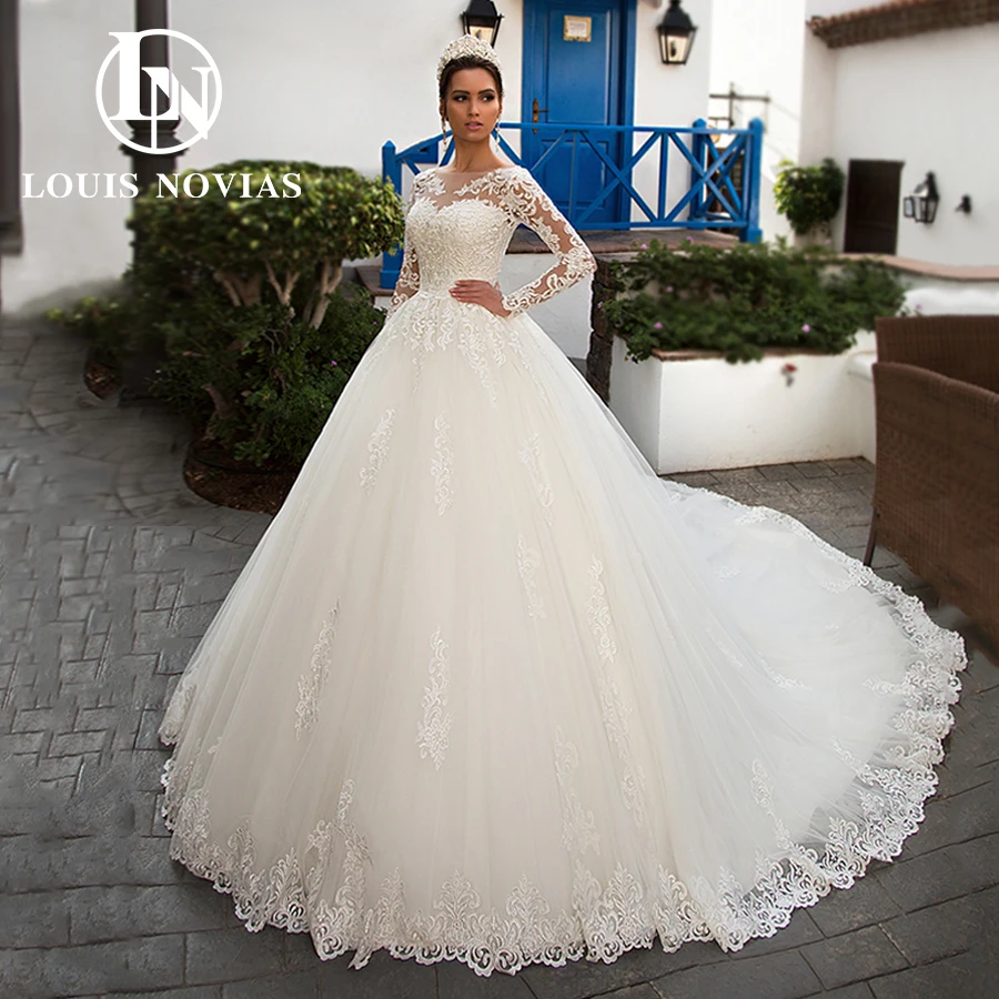 LOUIS NOVIAS Ball Gown Wedding Dress With Jacket Sexy Long Sleeve Appliques Long Tail Button Lace Wedding Gown Vestidos De Novia