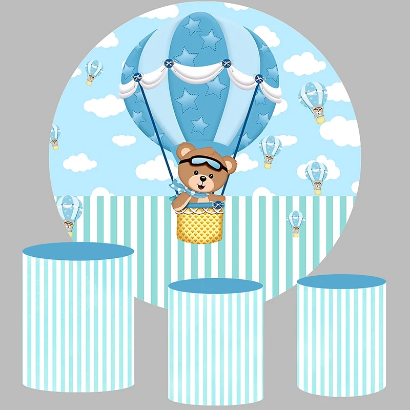 Blue and White Round backdrop Hot Air Balloons Boy Birthday Party Decor bear Baby Shower Newborn Circle Banner Cover Photozone