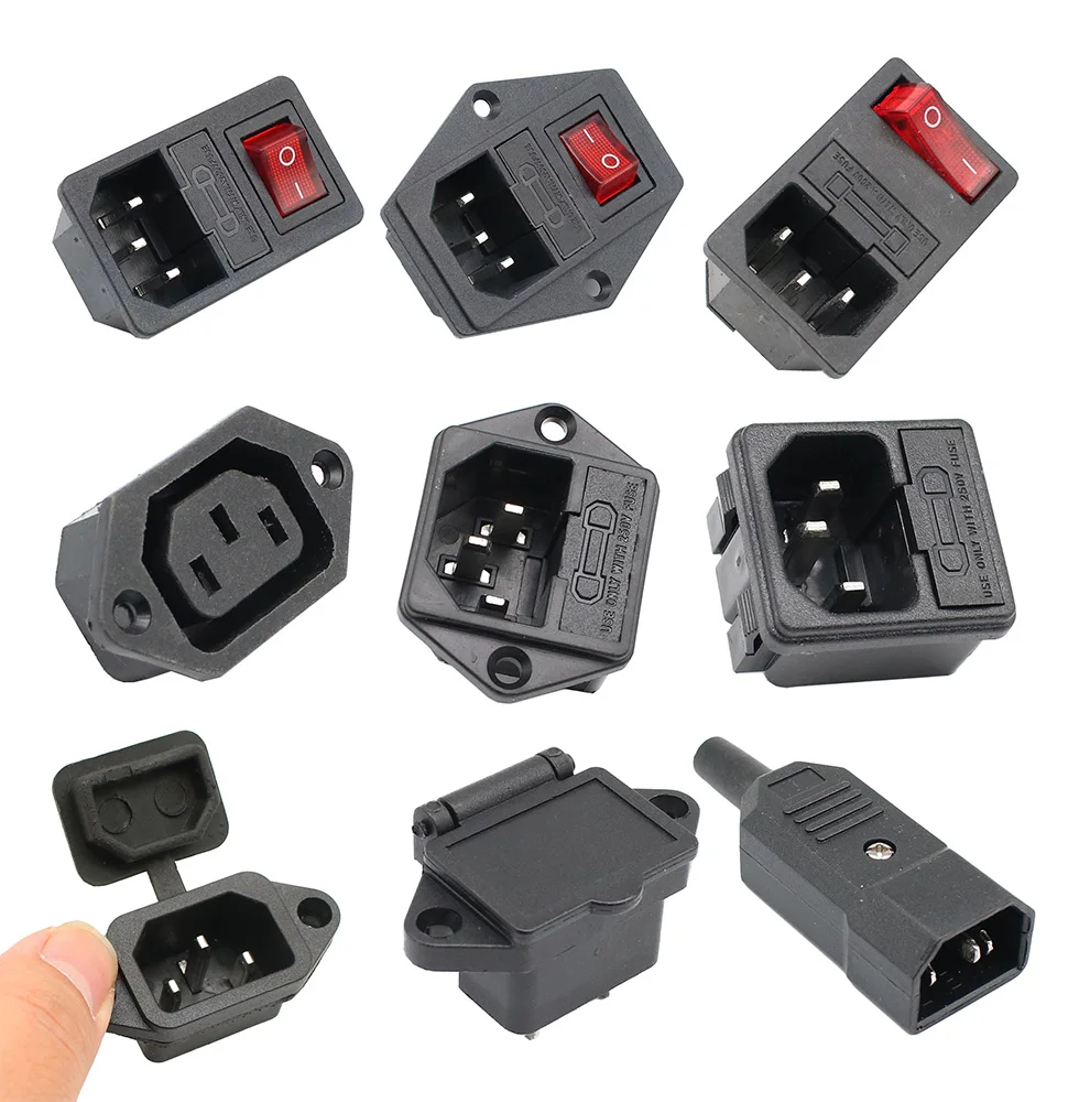 IEC320 C14 Electrical AC Socket 3 pin red LED 250V Rocker Switch 10A fuse female male inlet plug connector 2 pin socket mount