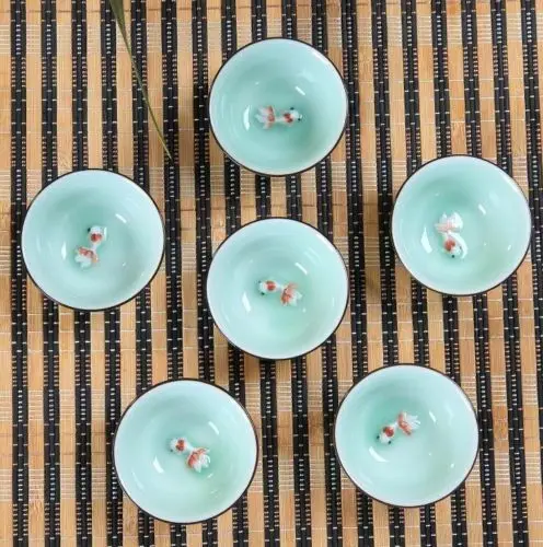 6PC Kitchen Longquan celadon ceramic bowl ceramic tea cup blue goldfish 45CC