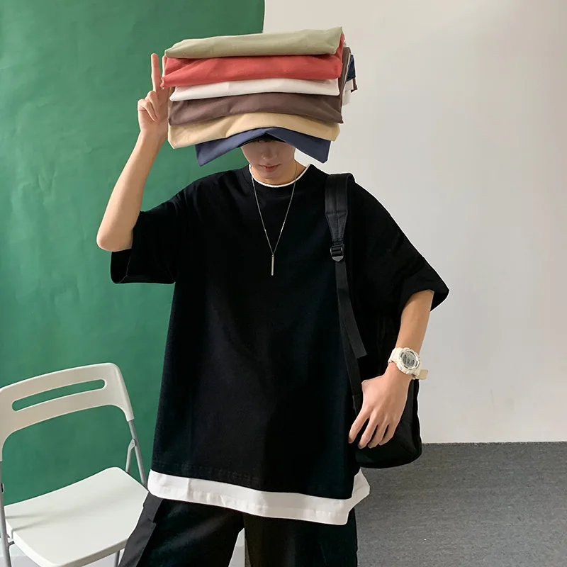 

Fake Two Pieces Men Summer T Shirt Oversized Korean Fashion Harajuku Streetwear Hip Pop Loose Vogue Couple Clothing Vintage