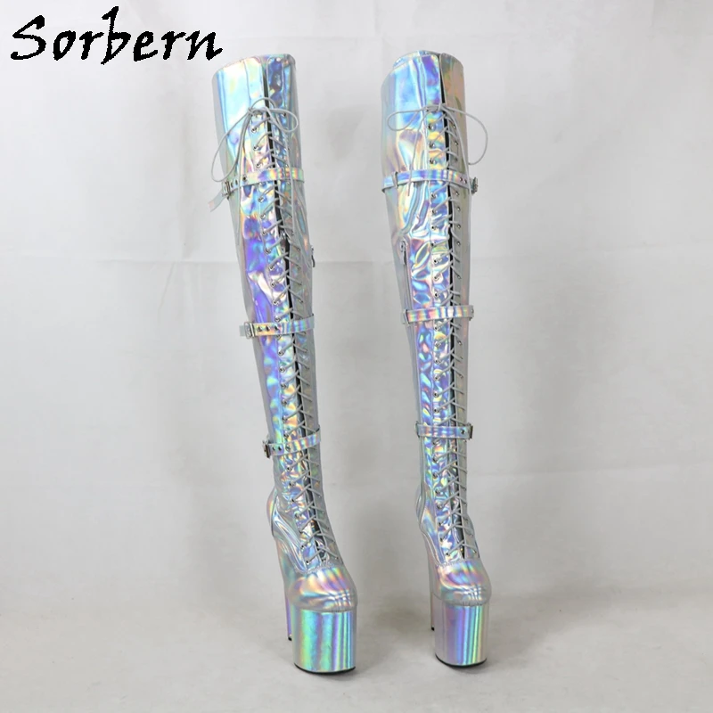 Sorbern Silver Holo Long Boots Women 8 Inch High Heel Pole Dancer Photo Shooting Stripper Heels Buckle Straps Lace Up Custom