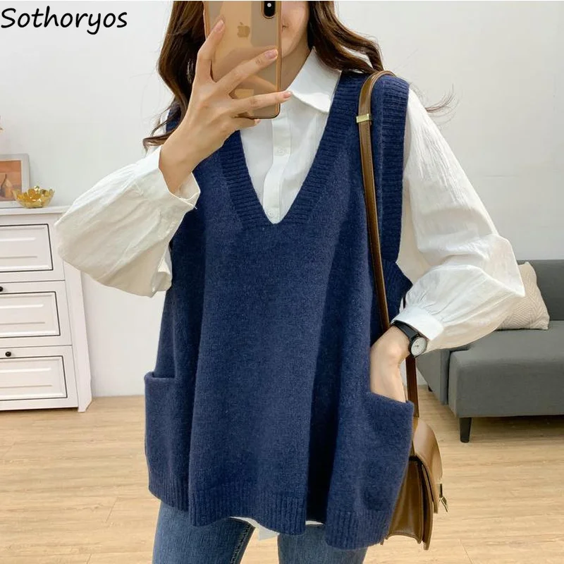 Sweater Vest Women V-neck Knitted Solid Simple All-match Loose Leisure Trendy Pocket Classic Jumper Ulzzang Stylish 4XL Womens