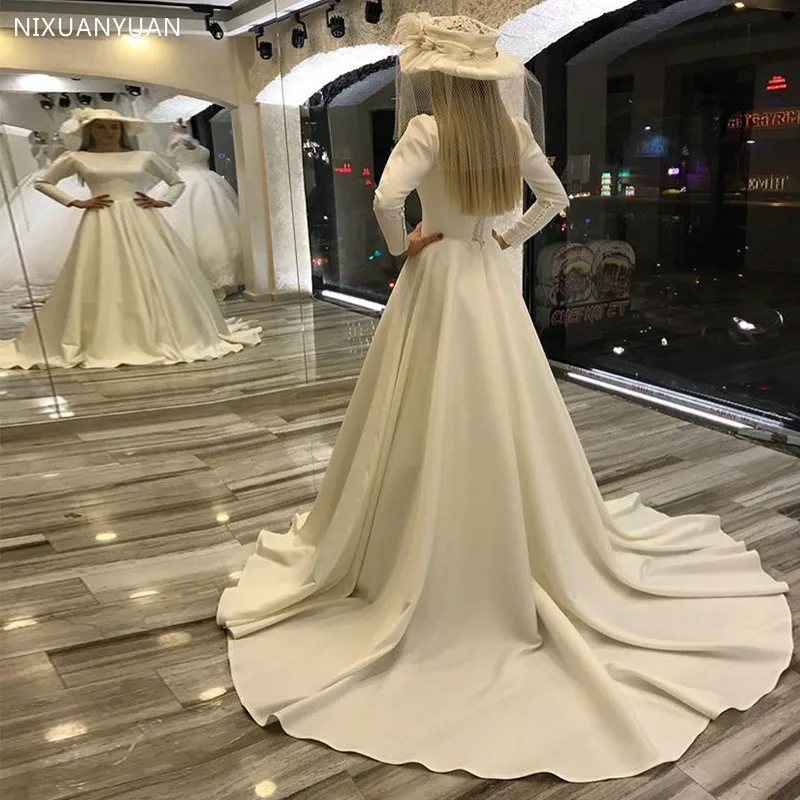 Vestidos De Novia De satén con manga larga, vestidos De Novia De color blanco marfil, línea A, tren, 2023