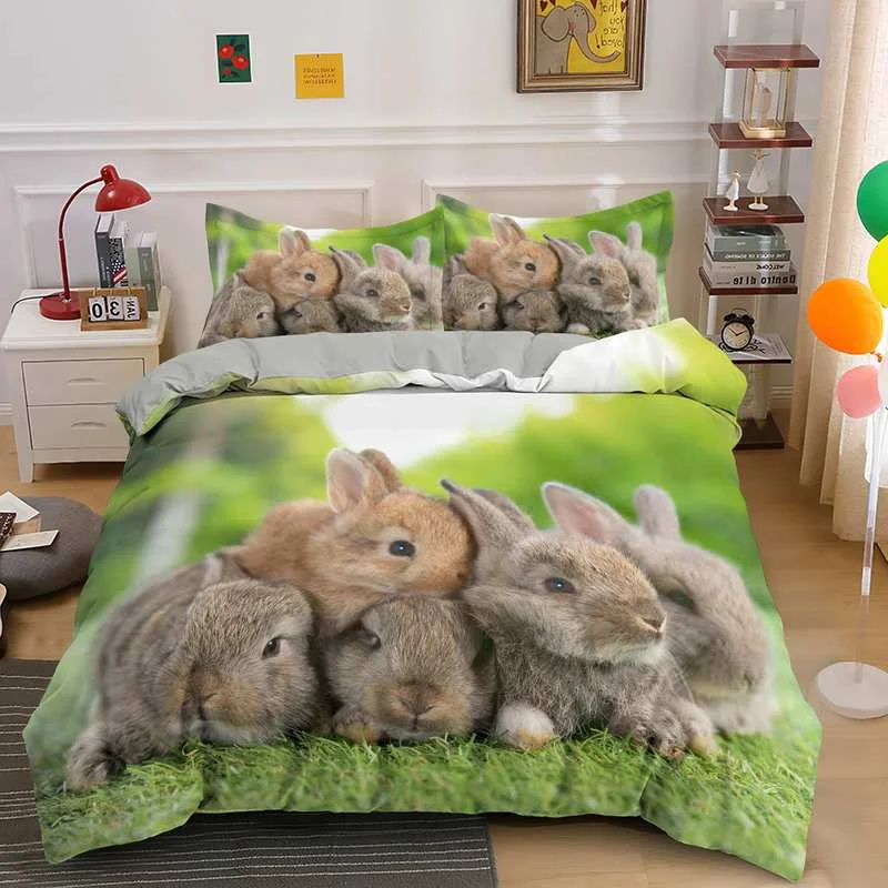 

3D Rabbit Print Bedding Cover with 1/2 Pillowcases 100% Microfiber