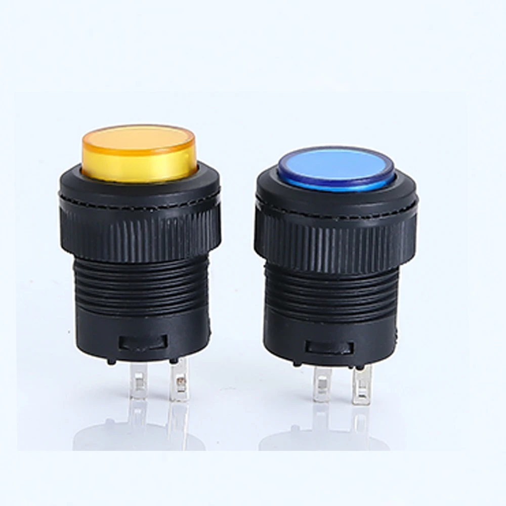 Auto-Lock Trava Interruptor de Botão Momentary, 5 Cor LED Lighting, 4Pin, R16-503 AD, R16-503 BD, 16mm, 5Pcs