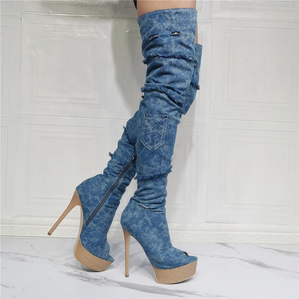 Large Size 47 Women Fashion Blue Denim Boots Sexy Summer Thigh High Boots Streen Style Over the Knee Boots High Heel Shoes Women