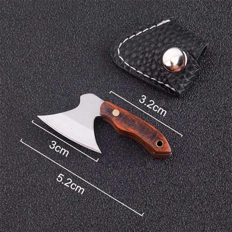MINI 440 Stainless Steel Axe Hatchet Pocket Knife Keychain EDC Full Tang Wood Handle Gift with Sheath Keyring Box Cutter Tools