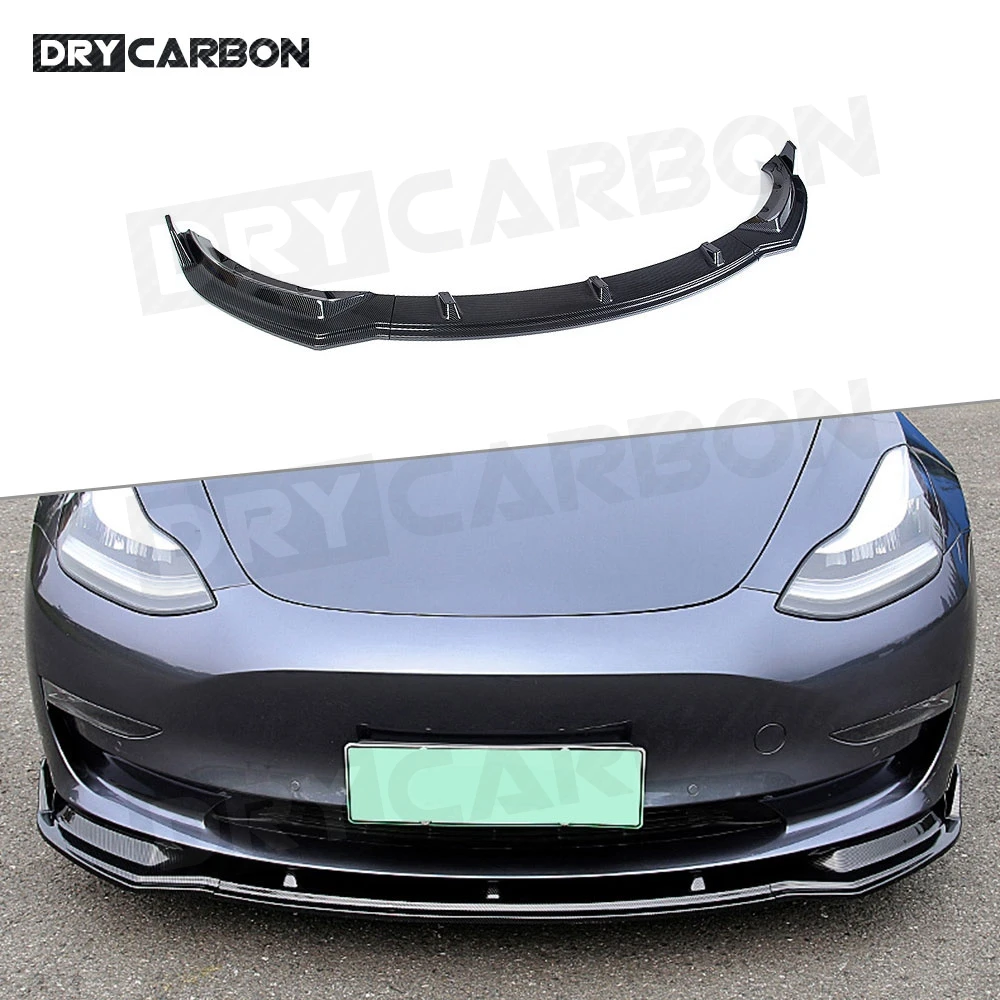 

Carbon Fiber Look 3PCS ABS Black Car Front Lip Splitters Spoiler for Tesla Model 3 2017-2022 Bumper Chin Guard Car Styling