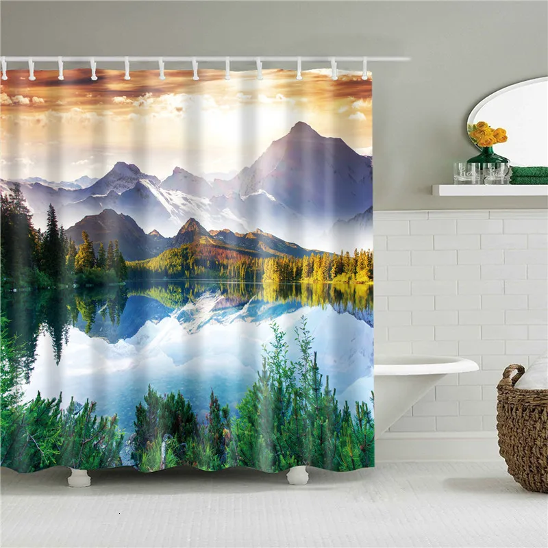 Landscape Print Shower Curtain Waterproof Polyester Fabric Bath Screen Home Decoration for The Bathroom WIth Hooks 180 X 200cm