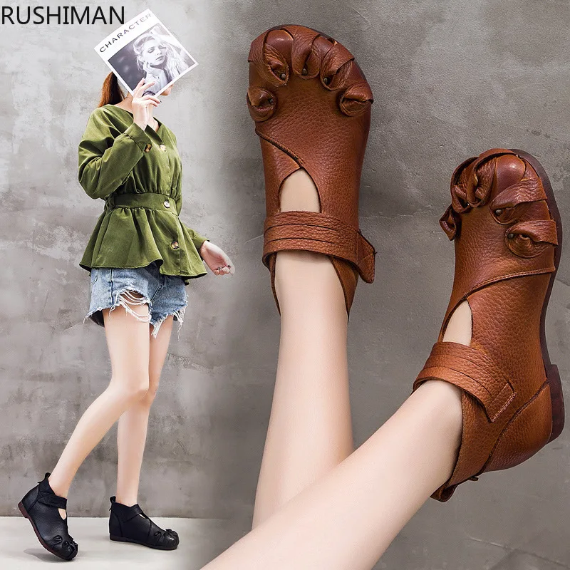 

RUSHIMAN Ancient Leisure Short Boot Layer Kraft Single Boot Magic Paste Air Women's Boots High Hull Women's Shoes Handmade Shoes