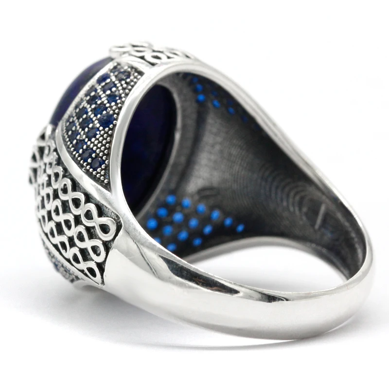Lapis Lazuli Stone for Men 925 Sterling Silver Blue Stone Vintage Stripe Ring Turkish Thai Silver Jewelry for Male Women Gift