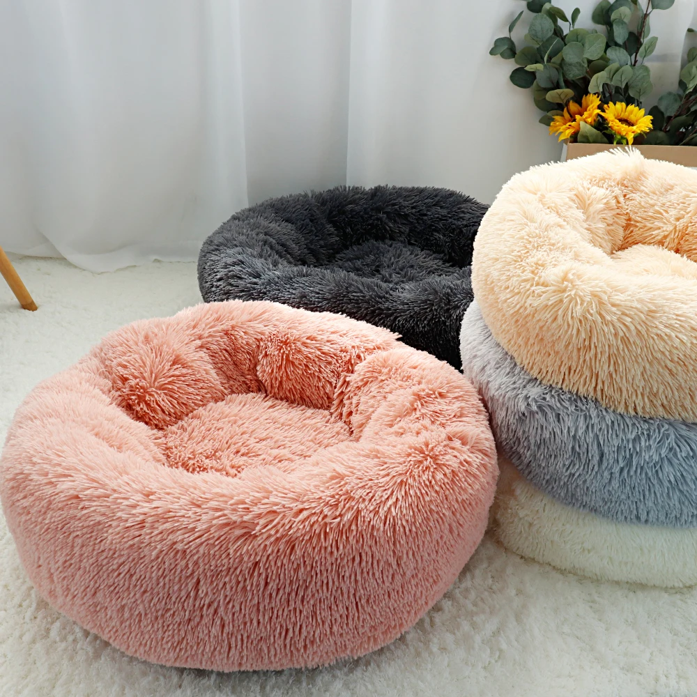 Coussin rond en peluche pour animaux de compagnie, lit chaud pour chien, canapé en polymère, chaise longue, chat, petit, moyen, grand, long, sourire, chenil, chiot, hiver