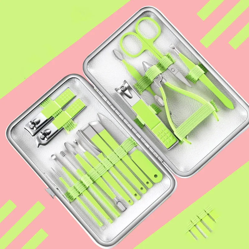 8/12/16pcs Manicure Cutters Nail Clipper Set box Household green Ear Spoon Nail Clippers Pedicure Nail Scissors Tool sharpe