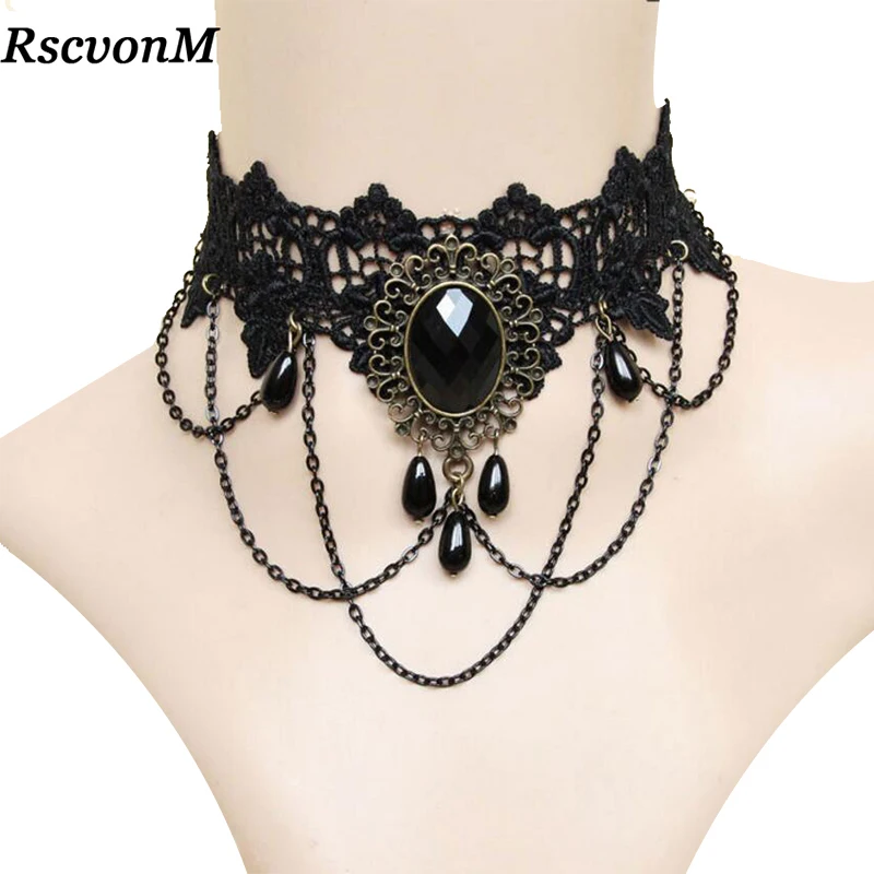 Fashion Gothic Choker Necklace Vintage Tattoo Tassel Punk Style Lace Pendant Wedding Jewelry Women False Collar Statement