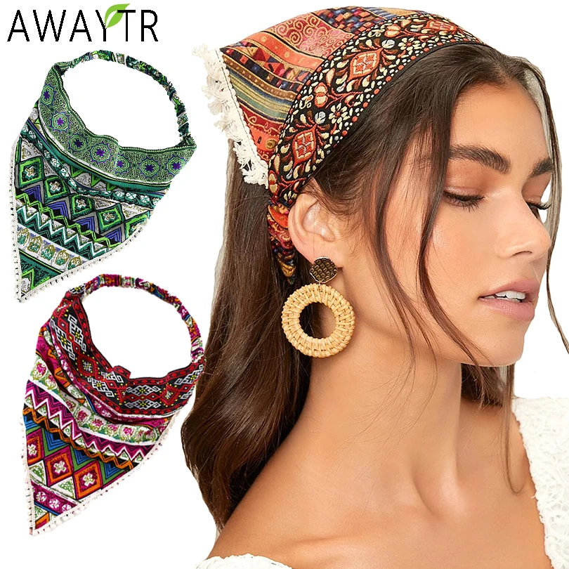 AWAYTR Bohemia Women Headband Scarf Turban Hair Band Printing Bandanas Headwear Girls Fashion Elastic Head Wrap Hair Accessories