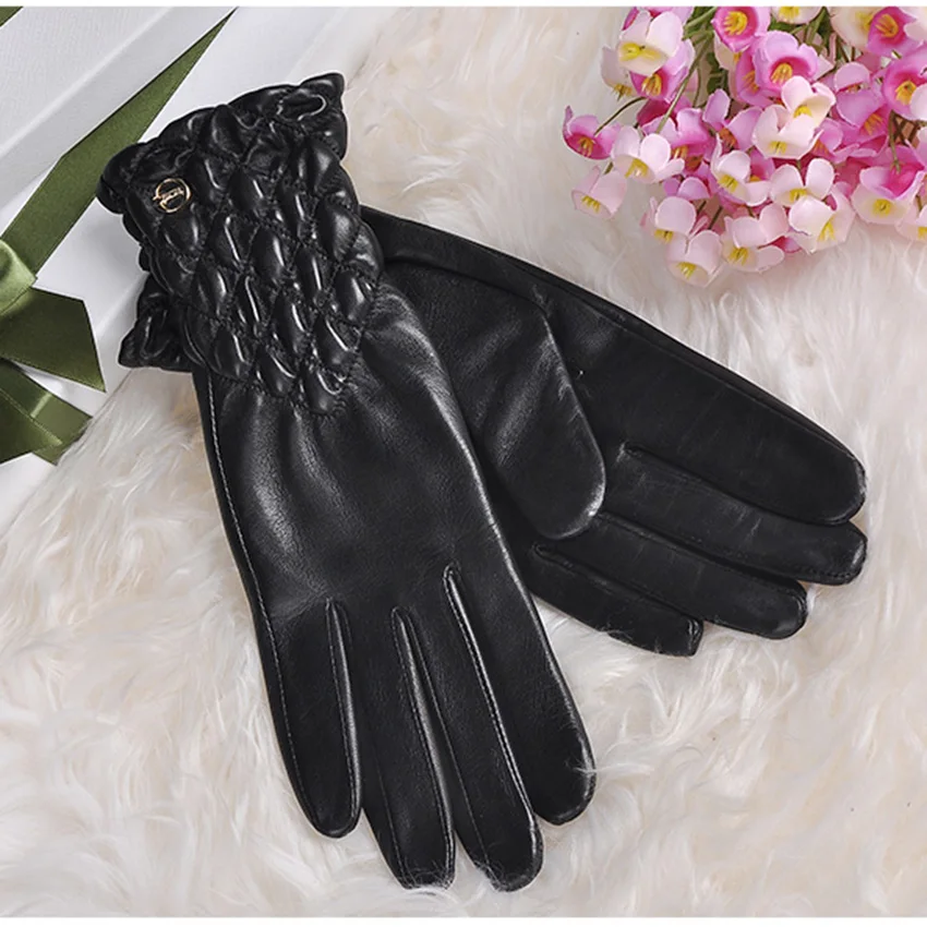Elegant Real Leather Gloves for Women Warm Thicken Autumn Winter High Quality Sheepskin Fashionable EL005NC-1