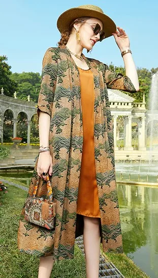 Extra-large Silk Windbreaker, 2021, Spring Suit, mid-to-long Mulberry, Silk Print, air-conditioning