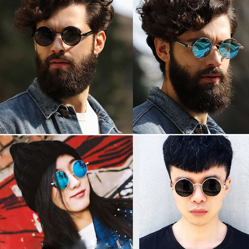 High Quality Classic Gothic Steampunk Sunglasses Polarized Men Women Vintage Round Glasses Metal Frame Blue UV400 lentes de sol