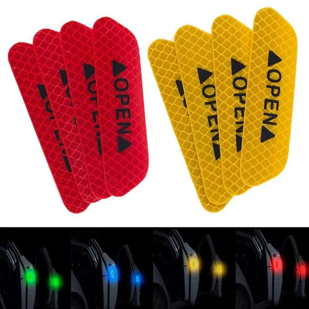 4pcs/Set Car Door Reflective Stickers Door Sticker Decal Warning Tape Mark OPEN Sign Safety Notice Car Accessories Exterior