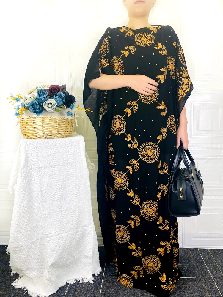 Robe musulmane pour femmes, Abaya noire, dubaï, turquie, Islam, robes africaines, manches courtes, Maxi Dashiki ample, longs diamants, DR-2021, 335