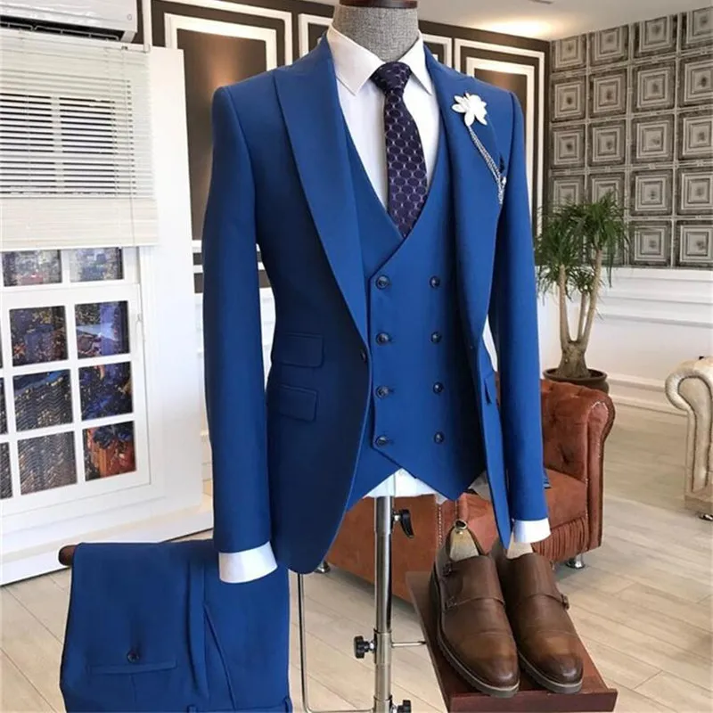 

2021 Business 3 Piece Royal Blue Men Suits Peaked Lapel Custom Made Wedding Tuxedos Slim Fit Male Groom Suits Jacket+Pants+Vest